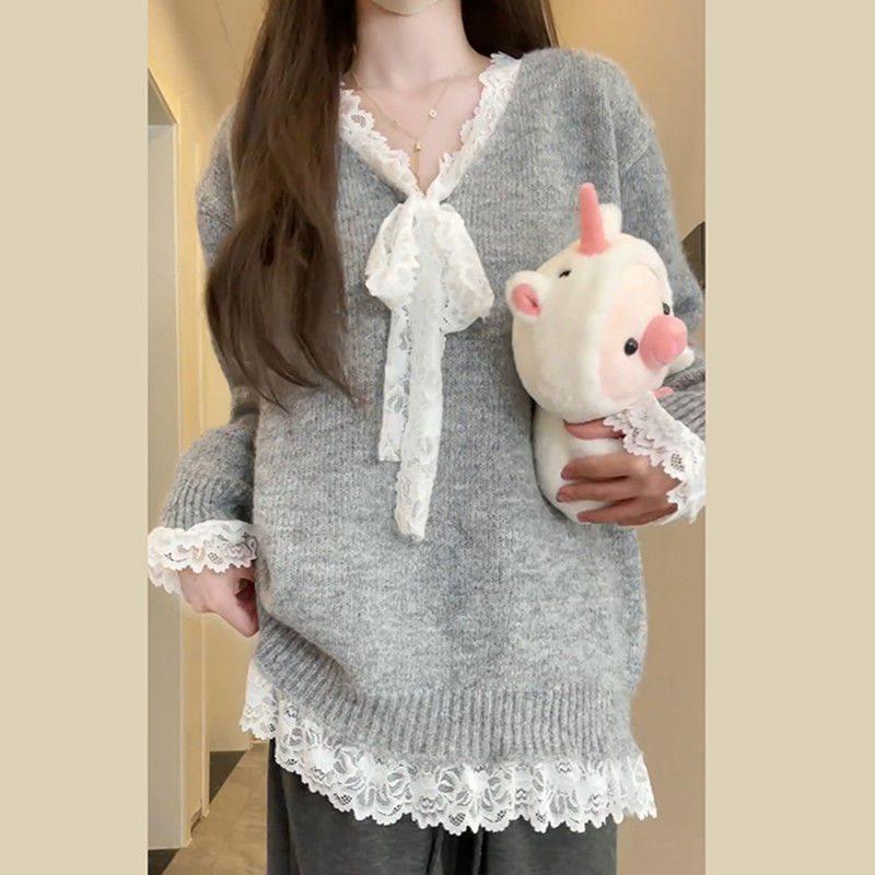 Women's Autumn Patchwork Lace Bow Long Sleeve Sweater - Casual & Sweet Style