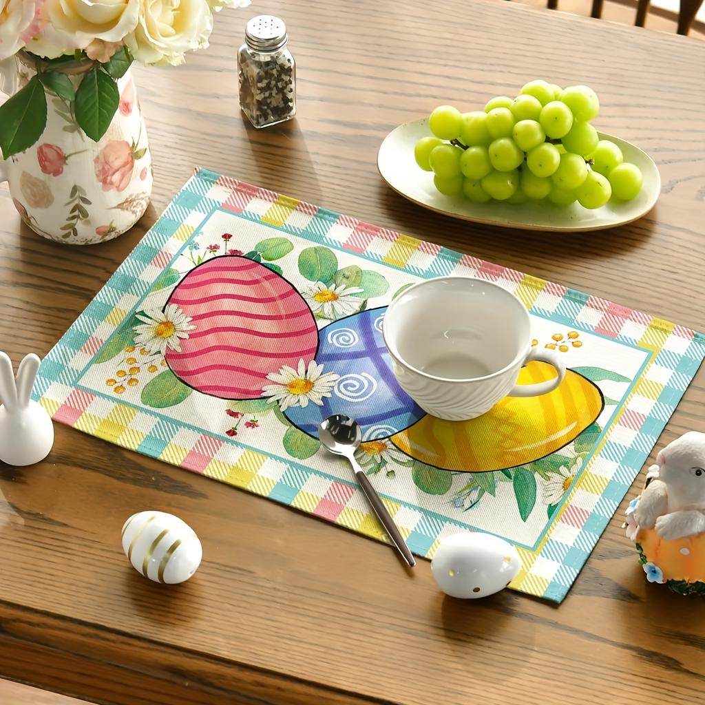 4pcs Buffalo Check Easter Placemats, Featuring Rabbits, Daisies, and Carrots, Perfect for Party, Kitchen, and Dining Room Decor