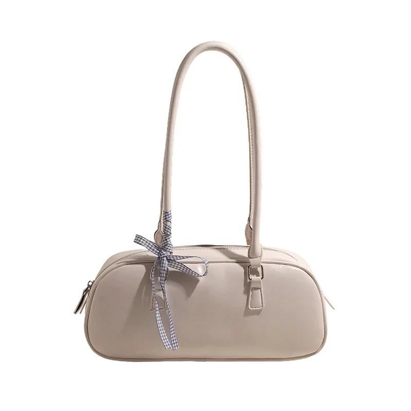 Fashion handbag with a bow for women simple underarm bag of solid color large capacity pillow bag