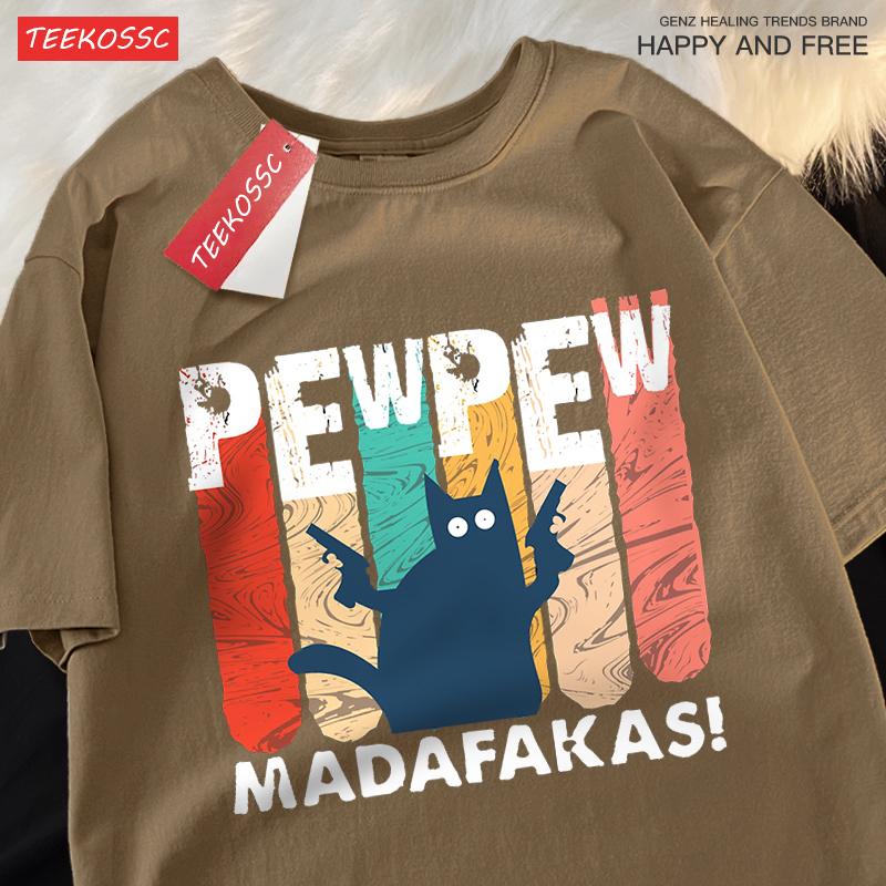 Pew Pew Madafakas Double Gun Cat Male T-Shirt Quality T Shirts Summer Oversized Short Sleeve Clothes Cotton Loose Street Tops
