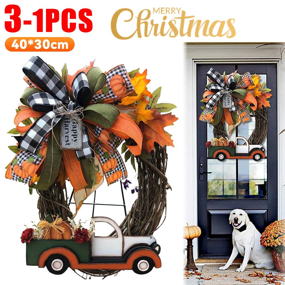 1-3PCS Farmhouse Pumpkin Cart Wreath Pumpkin Wreath Halloween Pumpkin Truck Wreath for Halloween Thanksgiving Decoration