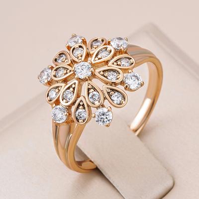 New Natural Zircon Crystal Flower Ring For Women  Rose Gold Color Fine Ethnic Bride Ring Vintage Wedding Jewelry