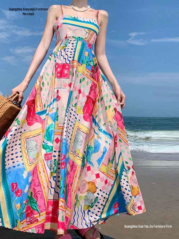 Frühling 2026 Europäisches & Amerikanisches Damenkleid mit Graffiti-Print - Sexy Spaghettiträger, Ärmellos, Großes Saumdesign