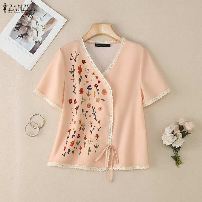 ZANZEA Women Casual V-Neck Short Sleeve Floral Print Blouse