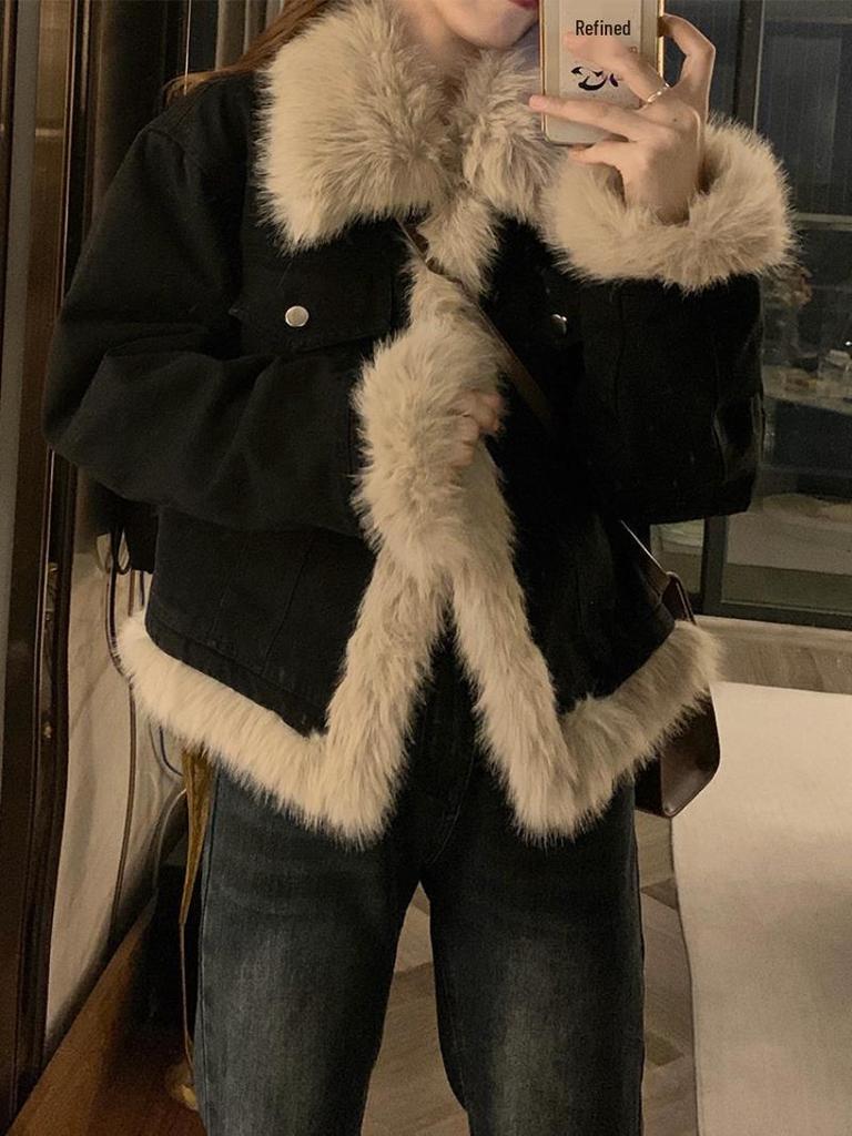 Women's Retro Black Lambswool Denim Jacket - High-End, Short, Fur Collar, Cotton-Padded Coat for Autumn/Winter Fashion