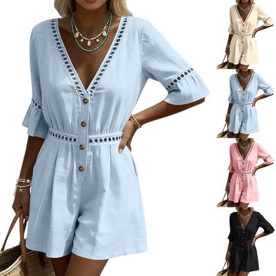 Kurze Overalls für Damen Tiefer V-Ausschnitt Ärmellos Jumpsuit Lockere Passform Arbeits-Overalls Festlich Lässig Sommer-Jumpsuits