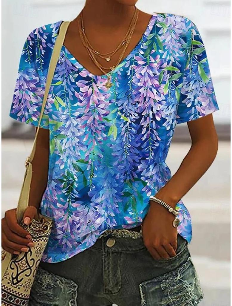 Καλοκαιρινό Γυναικείο T-Shirt Με Φλοράλ Γραφικό Φυτά Βίντατζ Τροπικό Χαβανέζικο Κοντομάνικο V-Neck Κανονικά Τοπ Καθημερινό Με Σχέδιο Ανοιξιάτικα T-Shirts