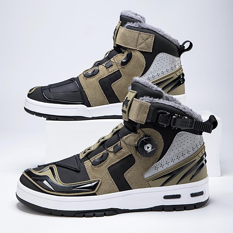Autumn/Winter UNISEX Plus Velvet Motorcycle Boots Large Size Rotating Buttons Deoxy Leather Anti -sliding Collision Ride Boots Sneaker for Men