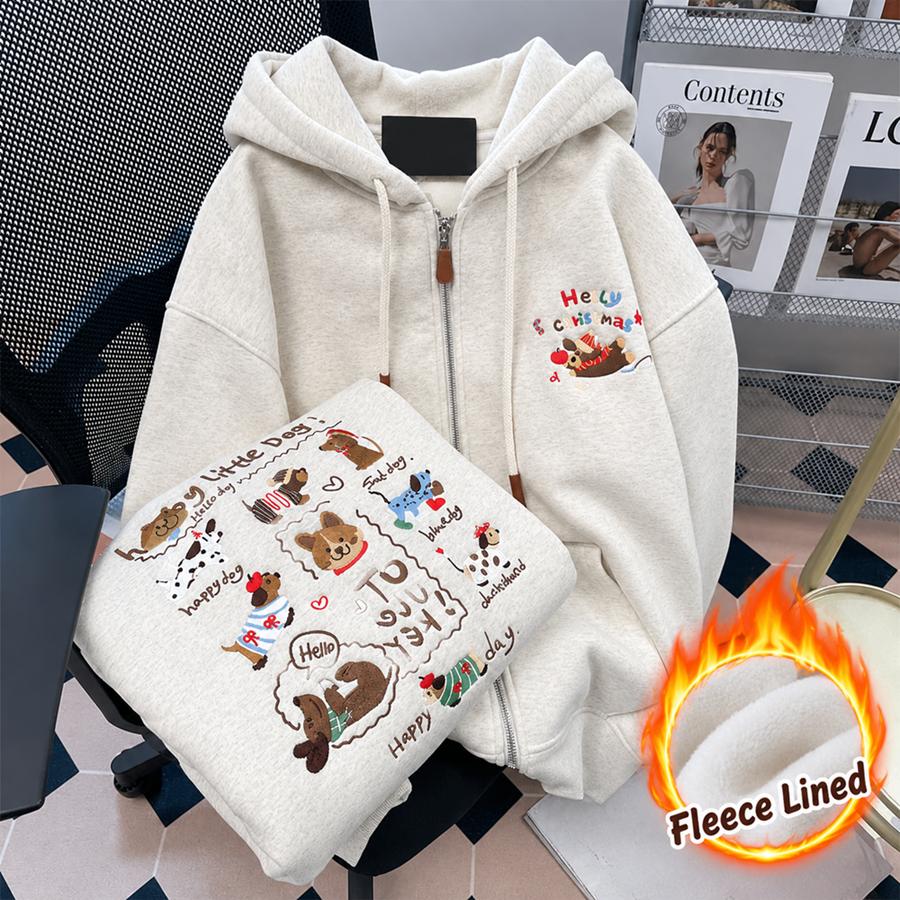Dog Head Illustration Printing Hoodies Womens Winter Fleece Warm Sweatshirt Basics Loose Pullover Casual Pocket Woman Clothes