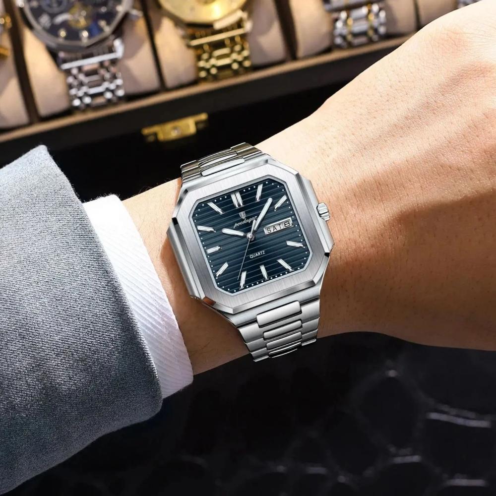 POEDAGAR Luxury Square Fashion Man Wristwatch Waterproof Luminous Date Week Quartz Watches Stainless Steel Watch
