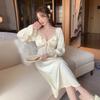 Ice Silk Pajamas Women's Spring and Summer Models with Chest Pads, New V-neck Long-sleeved Pajamas Can Be Worn Outside, Fairy Style Loungewear