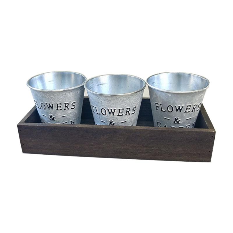 

Pack Of 3 Rural Electroplate Planter Metal Flower Pots with Wood Holder for Home and Office Decoration Desk Accessories 1