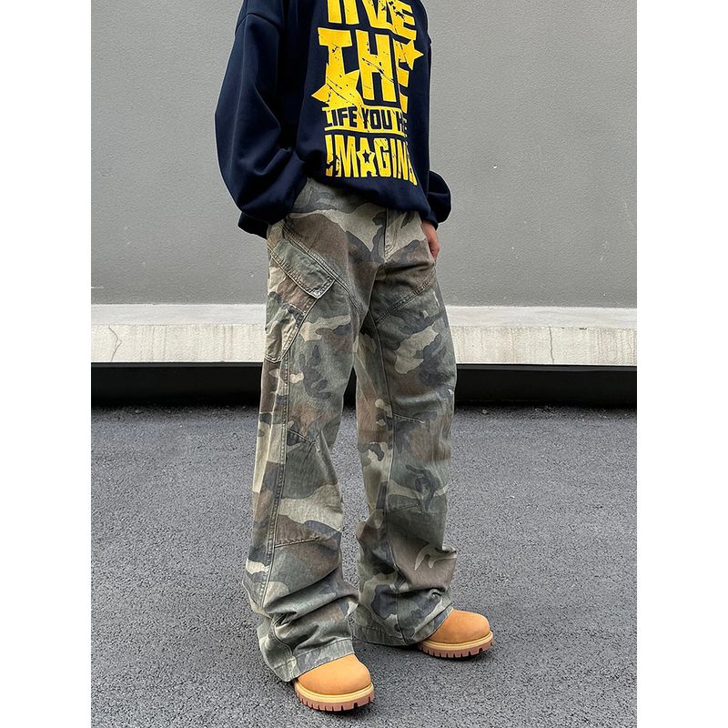 Blaexit American Retro Camouflage Pocket Cargo Pants Loose Wide-Leg Cleanfit Straight Casual Long Pants