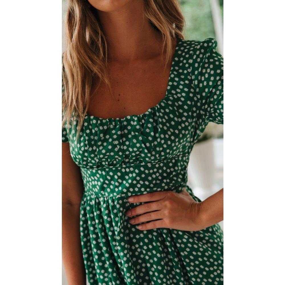 GMXIA Květinové šaty s čtvercovým límcem s bublinkovým rukávem Dlouhá sukně