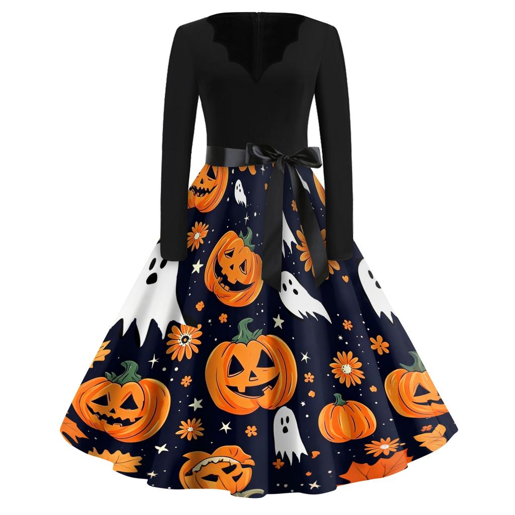Womens Casual Halloween Print V Neck Vintage Dress Long Sleeve A Line Retro Style Midi Dress with Waist Tie
