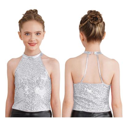 Mädchen Tanzkostüm Pailletten Neckholder Top für Jazz und Gymnastik