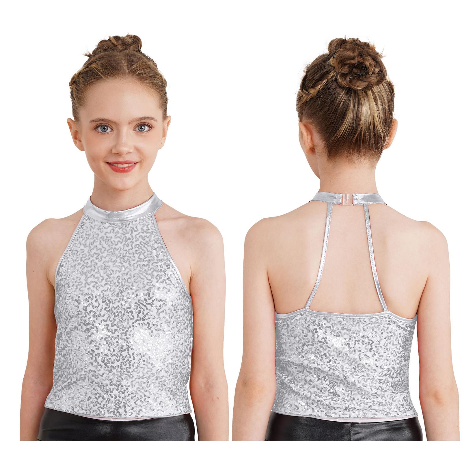 

Girls Gymnastics Top Sequin Halter for Stage Shows 5-6 Years срібний