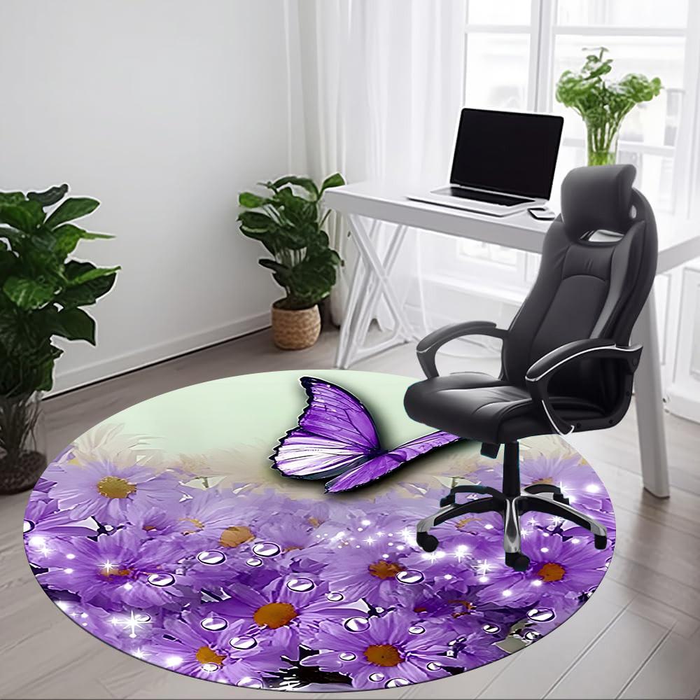 1pc Butterfly Flowers Chair Carpet for Office, Round Polyester Mat, Indoor Decor for Office, Washable Non-slip Carpet yy251219009