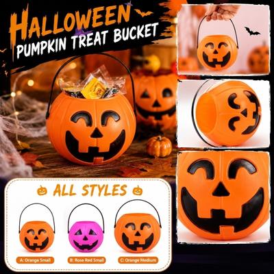 Calabaza de Halloween o - Cubo de Caramelos de Mano con Asa, Decoración Naranja para Fiesta y Colección