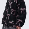 Womens Oversized Hooded Zip-Up Sweatshirt With All-Over Bow Print Faux Sherpa Lining Streetwear Casual Top