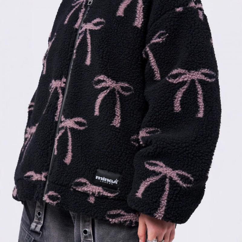 Womens Oversized Hooded Zip-Up Sweatshirt With All-Over Bow Print Faux Sherpa Lining Streetwear Casual Top