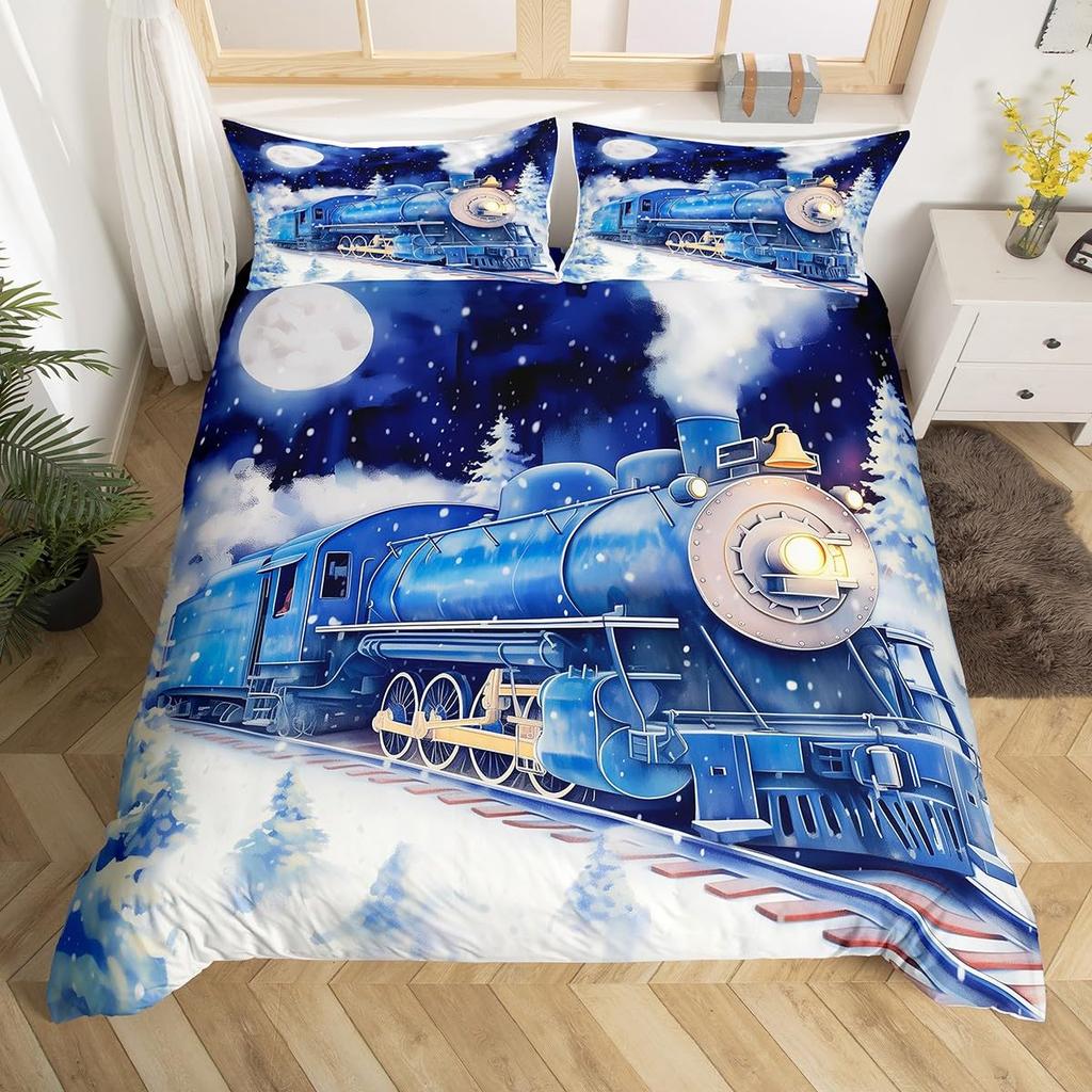 Winter Snow Train Duvet Covers For Kids Teens Queen Size Lightweight Quilt Covers Train Railway Track Bedding Set No Comforter