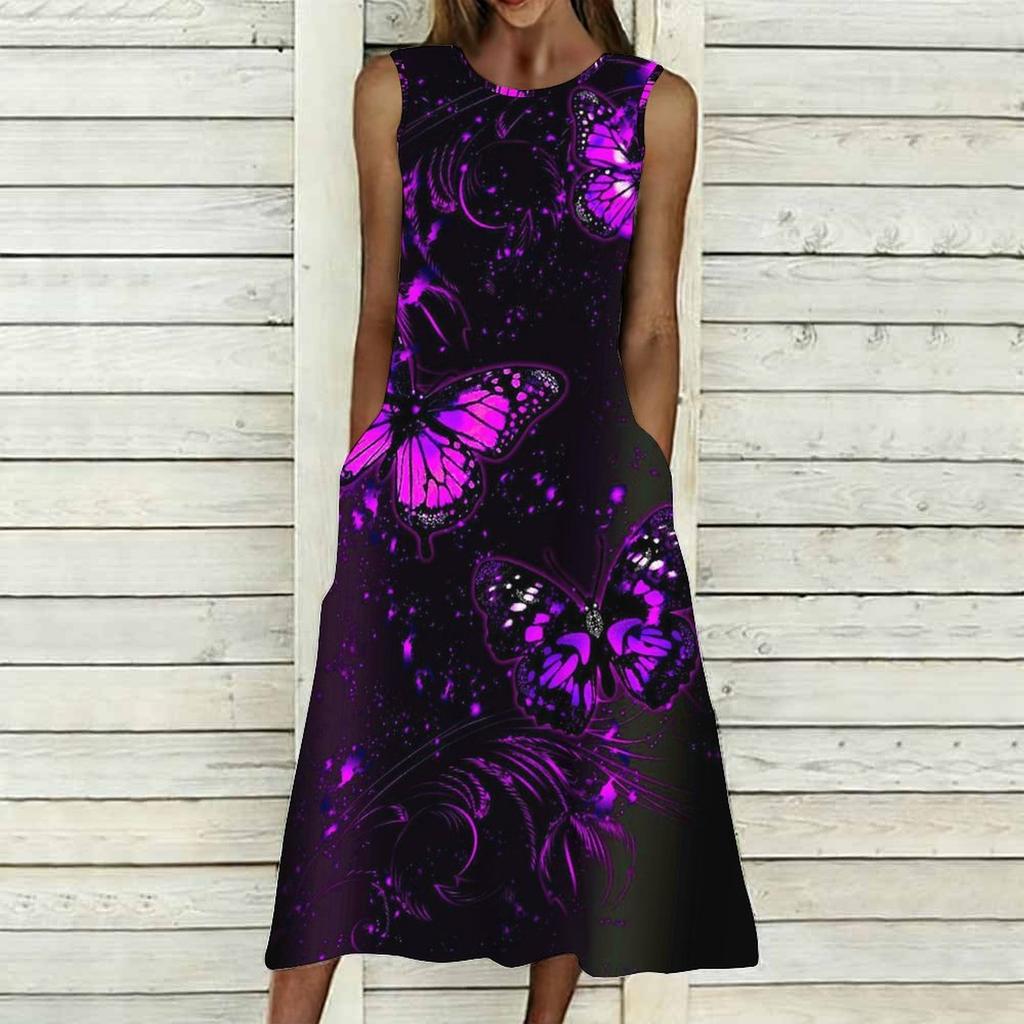 Plus Size Sleeveless Crew Neck Dress Fresh Wild Blossom Print Flowy Knee Length Outfit