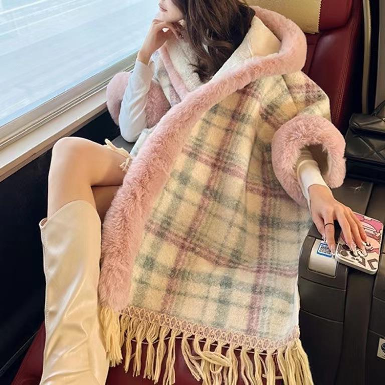 

986 #флисовая утолщенная накидка с кроличьим воротником, шаль, средняя и длинная кисточка, большой размер, клетчатая куртка, плащ One Size