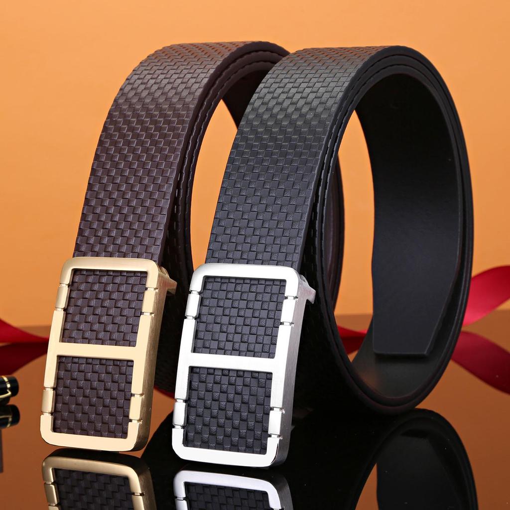 Men's Plaid Genuine Leather Belt, Pure Cowhide with Steel Smooth Buckle – Youth Business Casual Style