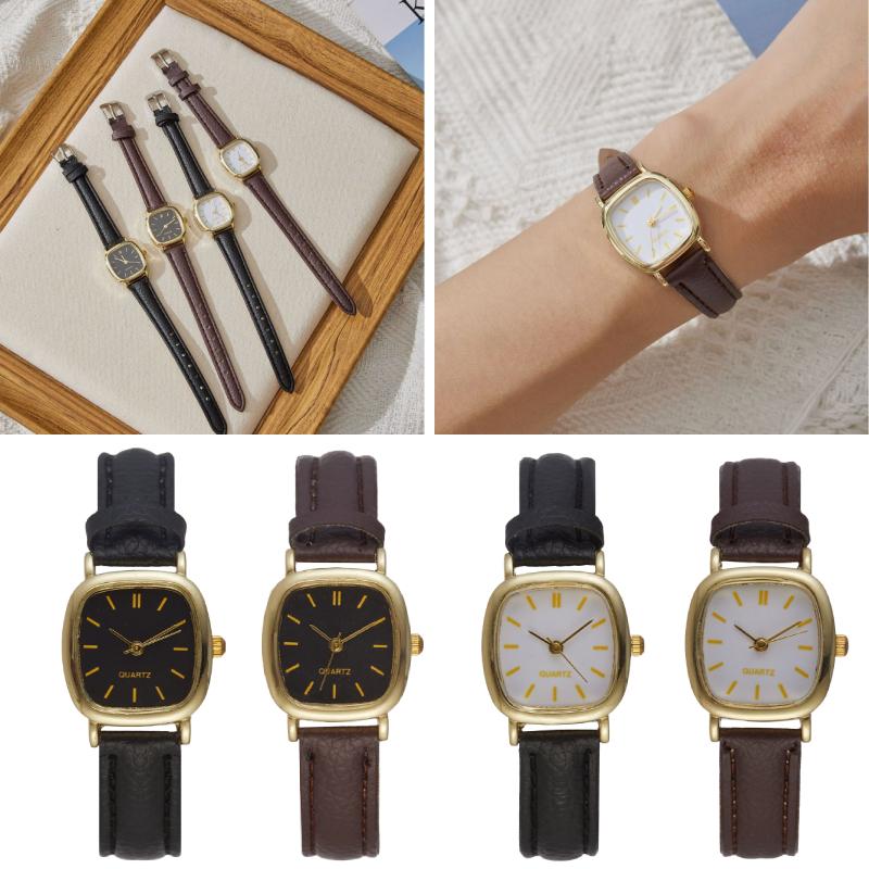 Square Minimalist Quartz Watch Women Petite Wrist Retro Synthetic Leather Strap