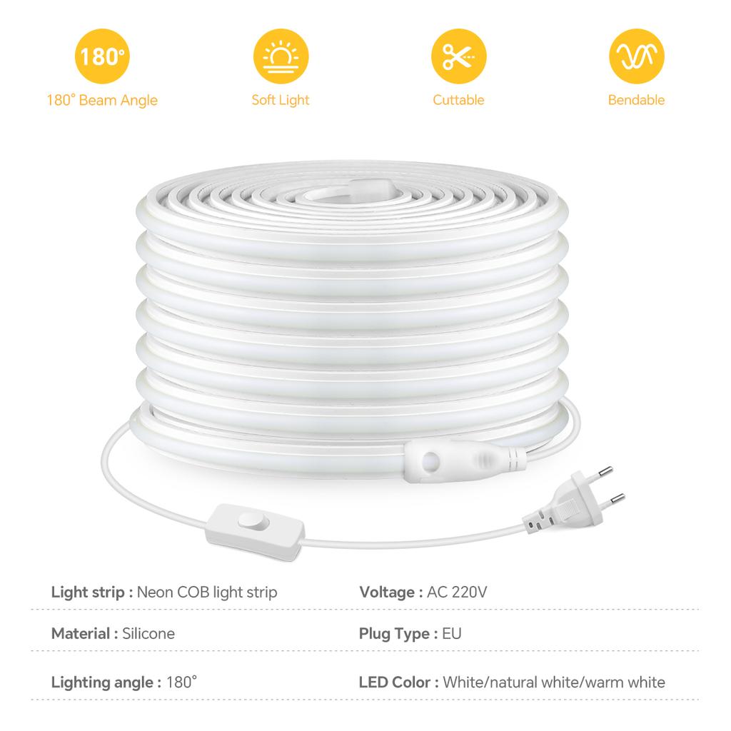 Fireproof Silicone LED Neon Light Strip 220V EU Plug In Self-Adhesive Even Glow COB LED Tape For Room Kitchen Outdoor Garden