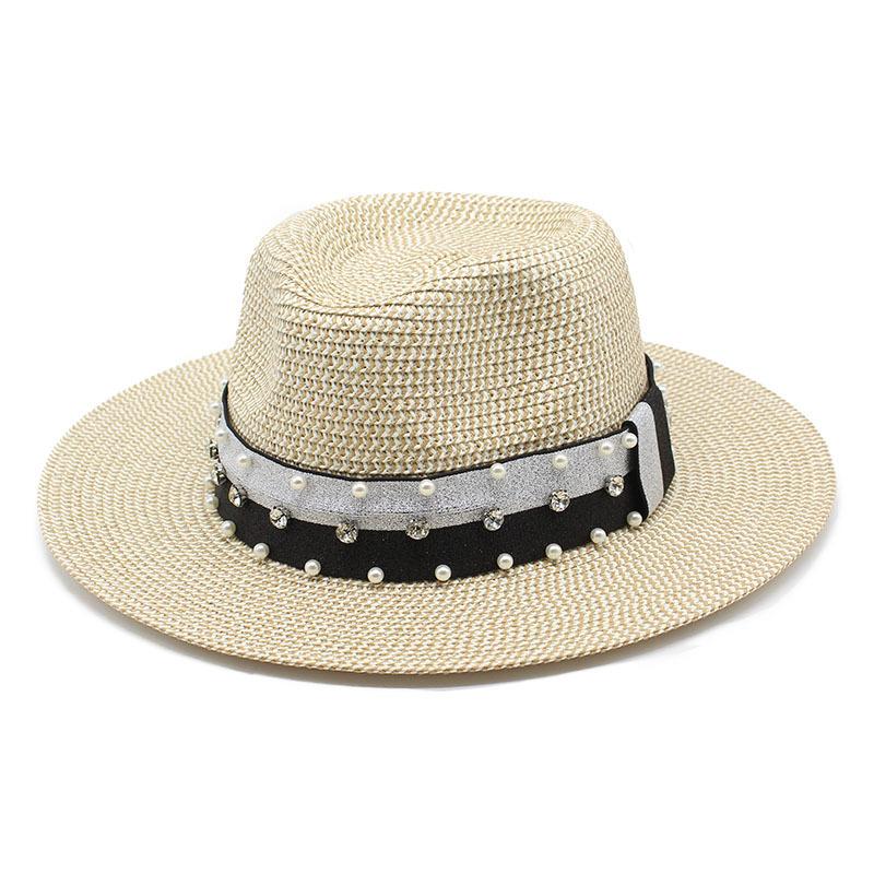Top Hat Retro Hepburn Style Flat Top Top Top Hat Spring And Summer Travel Straw Hat Pearl Wide Brim Sun Hat Female Tide