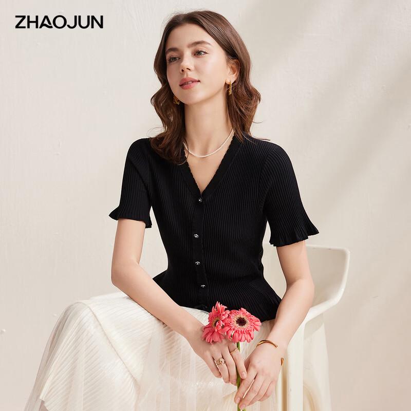 Women s Slim Fit Mulberry Silk Blend Ruffled Short Sleeve Knit Top L
