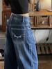 American Retro Blue Embroidered Wide-Leg Floor-Length Jeans for Tall Women