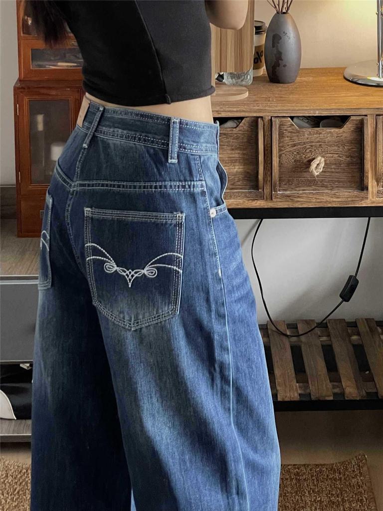 American Retro Blue Embroidered Wide-Leg Floor-Length Jeans for Tall Women