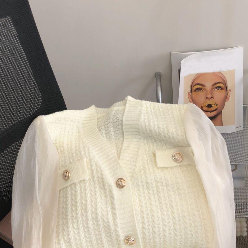 Strickjacke Pullover Weiblichen Frühling 2023 Solide V-ausschnitt Französisch Stil Temperament Splice Strickwaren Frauen Kurze Süße Pullover Strickjacke Top