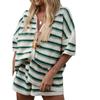 Striped Knit Collar Shirt Shorts Set Stripes Knitted Lapel Shirt Shorts Suit