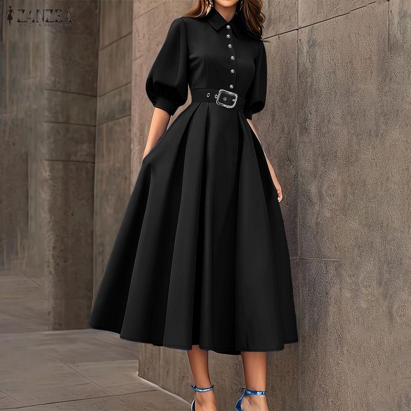 ZANZEA Damen Freizeitkleid Sommer Halbsleeve mit Umlegekragen