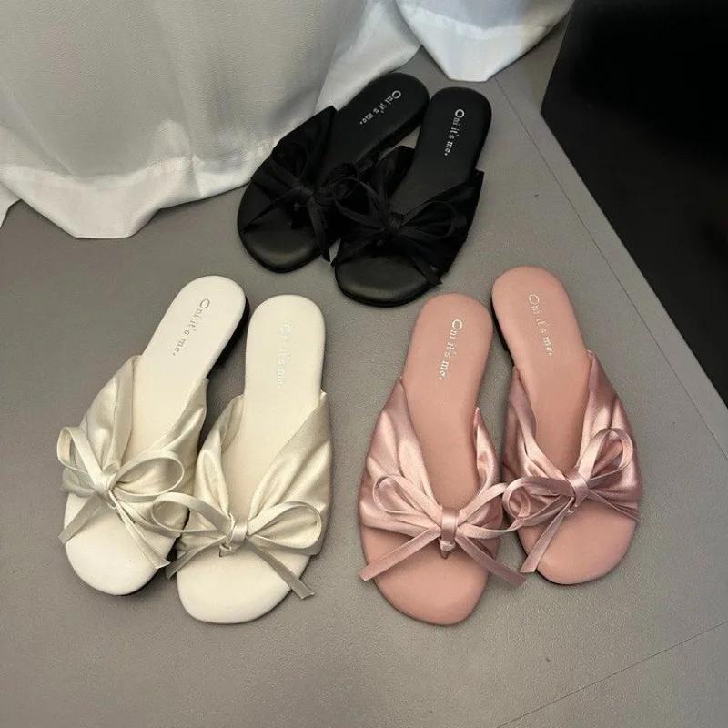 Summer New Women's Shoes 2024 Fashionable Women's Flat Shoes Solid Color Daily Style Cloth Bow Decorated Women's Slippers