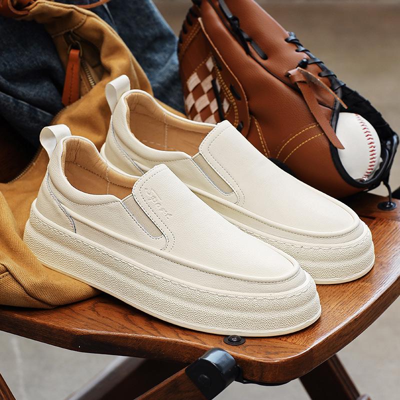 Men's one-pedal lace-up-free lazy casual shoes, simple, fashionable and versatile, trendy and comfortable pigskin sports skateboard shoes