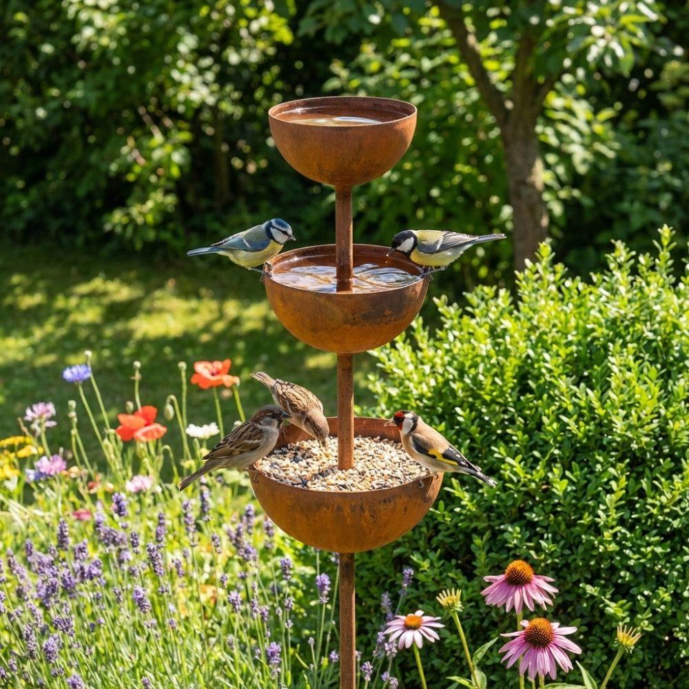 Vintage Iron Bird Water Dispenser Rusted Garden Rain Catcher Bird Feeding Station Outdoor Garden