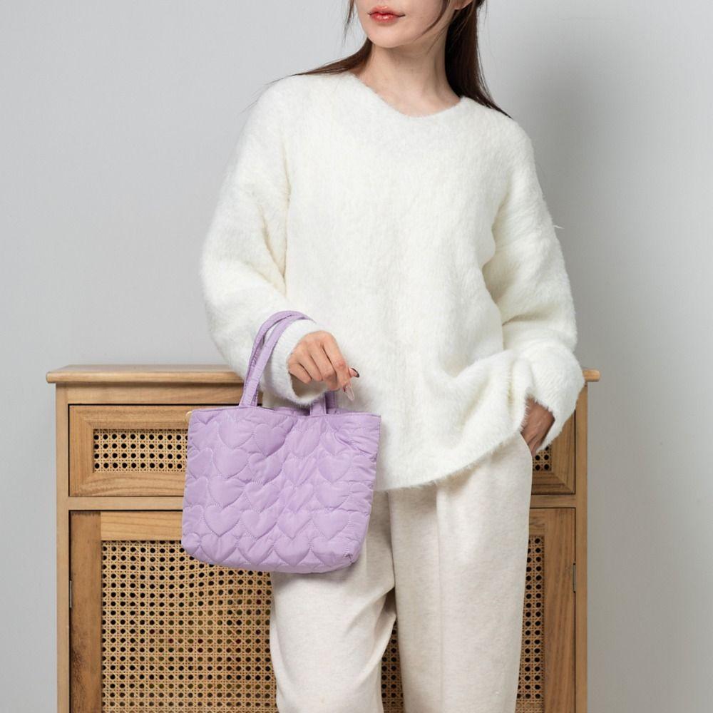 Solid Color Quilted Love Handbag Sweet Lovely Lunch Bag Japanese Puffer Tote Bag  Travel