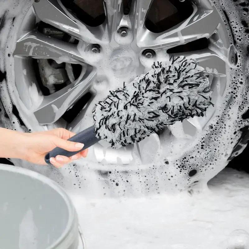Premium Car Wash Brush Plush Wheels Cleaner with Non-Slip Handle Easy Cleaning Rims Spokes Wheel Barrel Car Accessory