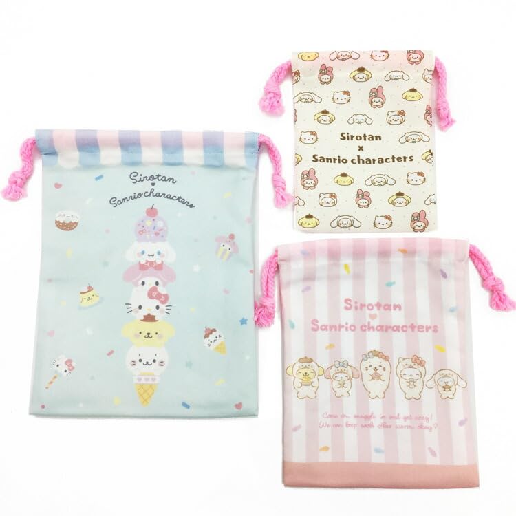 Marimocraft Shirotan x Sanri Characters 3-Piece Drawstring Bag (047804) - Hello Kitty, My Melody, Pompompurin, and Cinnamoroll
