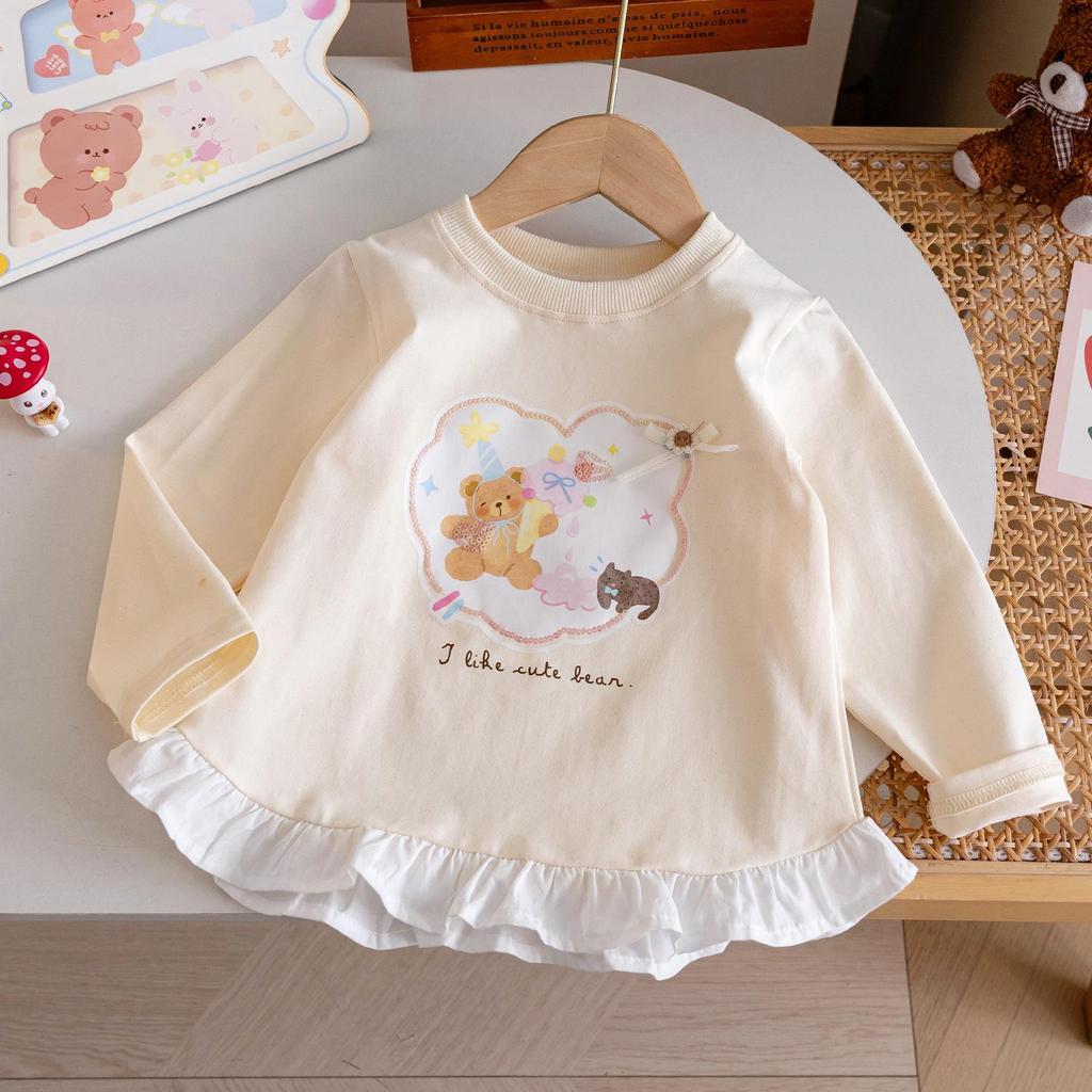 Rochie T-shirt cu mânecă lungă pentru fete, 2025, cu desen animat dulce și tivul fustei îmbinat