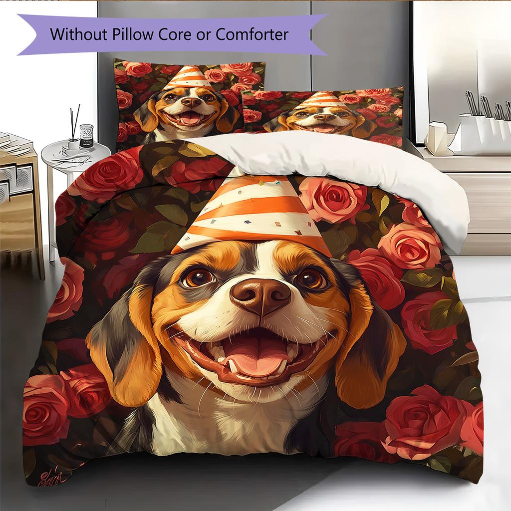 Dog with Birthday Hat Pattern Bedding Quilt Set Home Decoration Gift (1 * duvet cover + 2 * pillowcase without core)