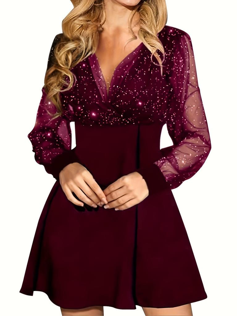 European and American new mesh stitching solid color v-neck long-sleeved sexy and elegant dress
