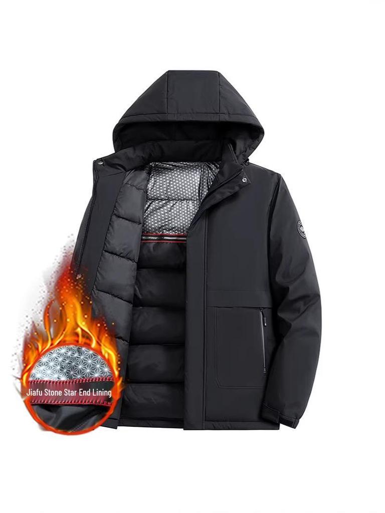 Men's Business Casual Down Jacket with Detachable Hood - Graphene Insulated, Thick Padded Cotton Coat for Winter