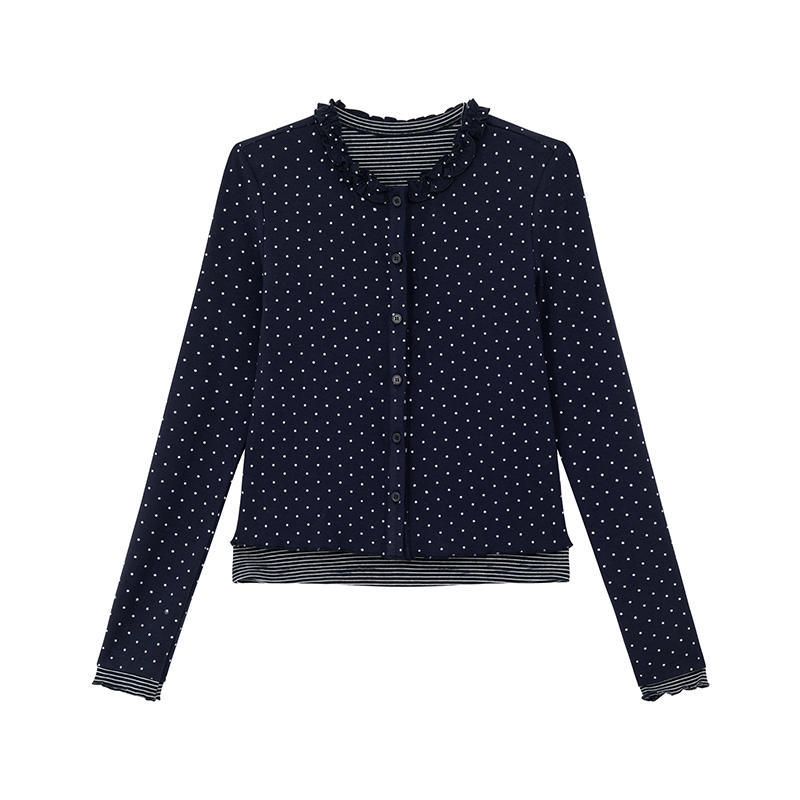 Women s V Neck Long Sleeve Layered Top Oversized Elegant Polka Dot Cardigan Blouse XS