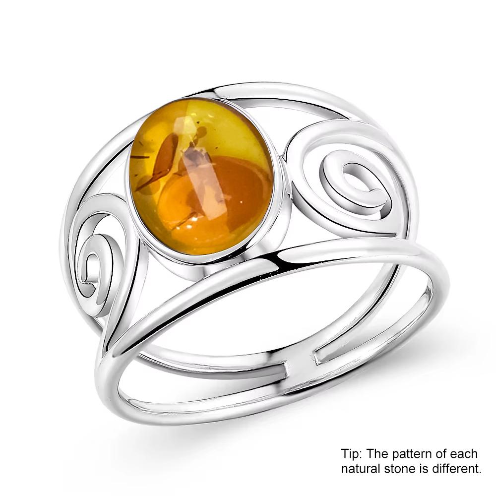 S925 Silver Ring With Natural Amber Stone Flower Shape Oval Petal Amber Stone Gifts Fine Jewelry For Women